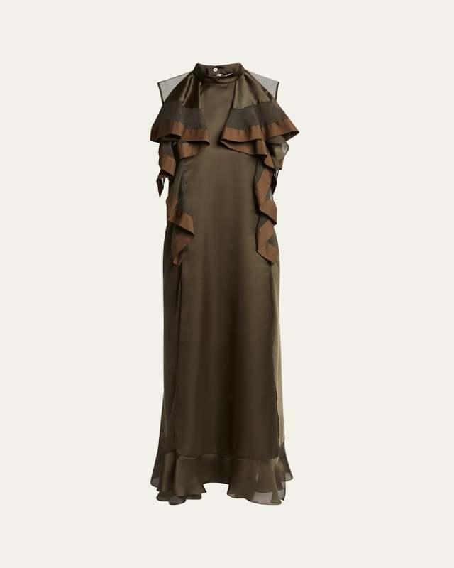 Ruffle Front Satin Maxi Dress